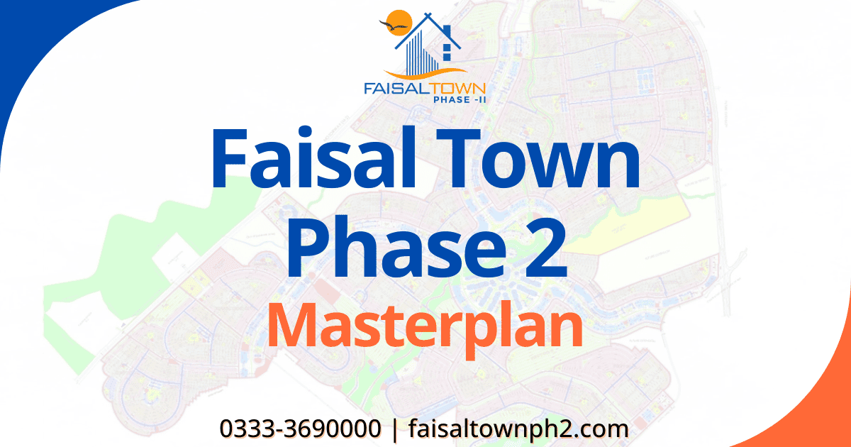 Faisal Town Phase 2 official master plan showing residential sectors, Overseas Enclave and commercial zones